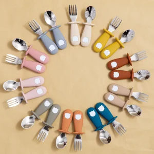 Silicone Baby Feeding Set - Spoon and Fork with Cartoon Bear Design