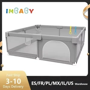 IMBABY Baby Playpen - Light Gray Play Yard with Pull Ring for Safe Play and Fun