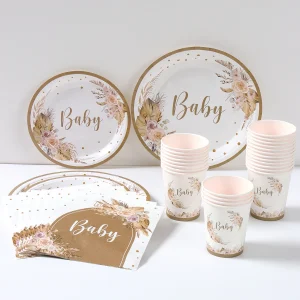Neutral Baby Shower Disposable Tableware - Paper Plates, Napkins, and Cups for Parties