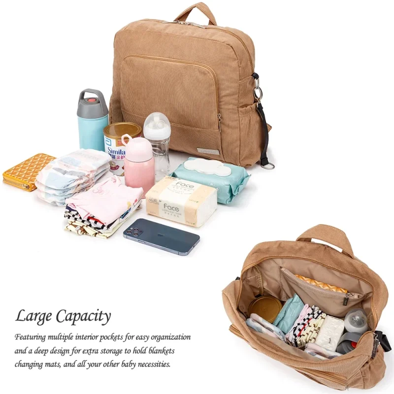 Soboba Diaper Backpack - Large Capacity for Moms, Corduroy Fabric Design - Image 3